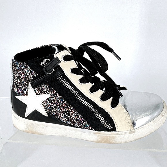 Nina Size 13 Kids Yuti Star High Top Sneakers Silver Black Glitter Lace Up Zip - Picture 2 of 16